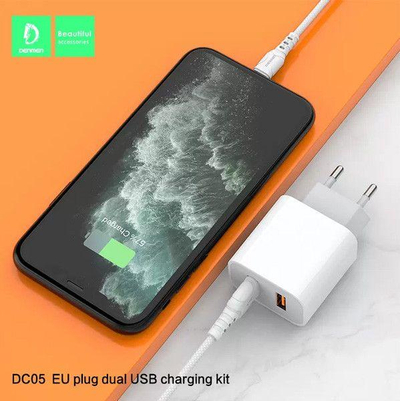 Karikues Denmen DC05 + kabllo Lightning, 2 x USB A, i bardhë