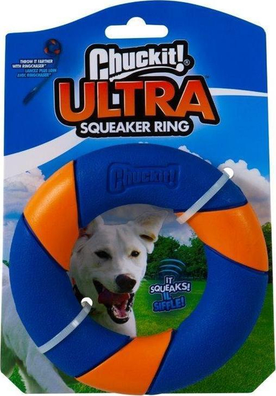 Играчка за кучиња Chuckit Ring Ultra Squeaker, гумена алка, со звук, сино-портокалова