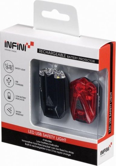 Drita biçiklete Infini Lava Twin Pack, set përpara edhe mbrapa, USB i rikarikueshëm, e zezë me të kuqe