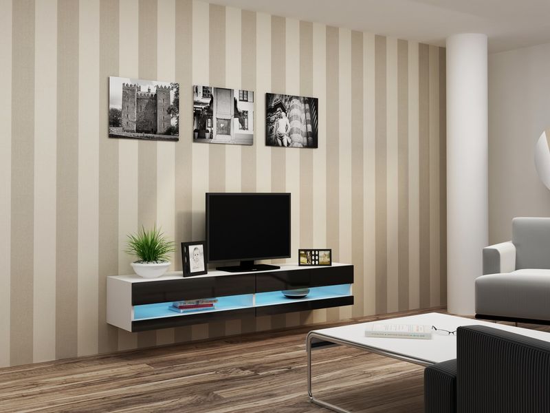Komodë TV Merble Vigo New 30-180-40, panel i laminuar, MDF, e bardhë e zezë me shkëlqim