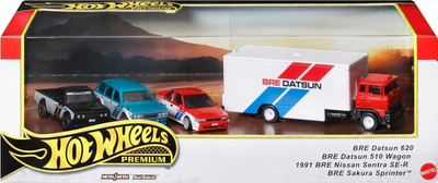 Set maketa Hot Wheels Premium Collector Display BRE Datsun, 3 makina 1:64, 1 transporter, shumëngjyrësh