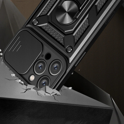 Maskë mbrojtëse Hybrid Armor Camshield për iPhone 16 Pro, me kapak kamere, me mbajtëse, e zezë