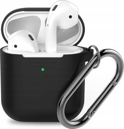 Këllëf për kufje Apple AirPods, nga elastomer i fortë, me karabinë, ngjyrë e zezë