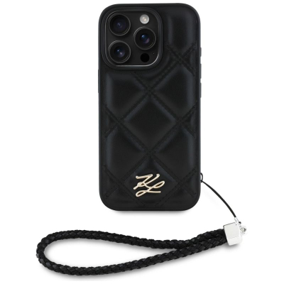 Футрола за телефон Karl Lagerfeld Quilted Initial Logo, iPhone 16 Pro 6.3", со ременче со синџир, црна