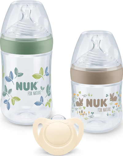 Set biberonësh dhe qetësuesesh NUK For Nature Start, 150 ml dhe 260 ml, 0–6 muaj, pa BPA