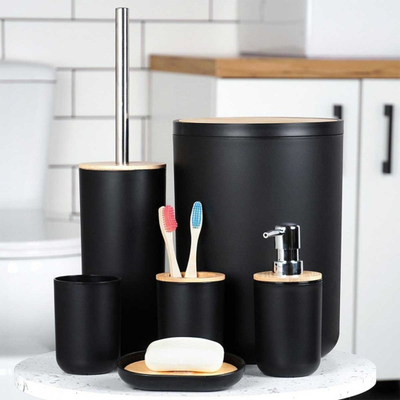 Set aksesorësh për banjo, 4 pjesë, plastikë dhe bambu, i zi, pa firmë