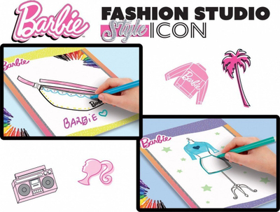 Libër kreativ Lisciani Barbie Sketch Book Style Icon Fashion Studio, set me ngjitëse dhe modele, për kalamaj 5+