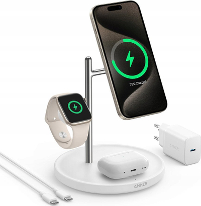 Stacion karikimi wireless Anker MagGo Universal 3 në 1, Qi2, karikim i shpejtë, i bardhë