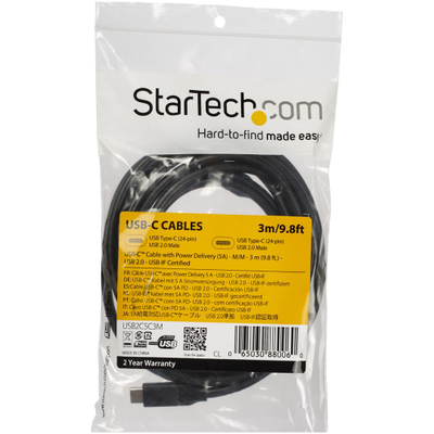 Кабел USB C во USB C StarTech.com USB2C5C3M, 3 m, 100W PD, црн