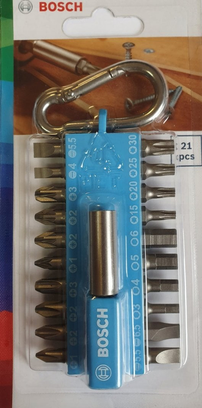 Set bitash kaçavide Bosch 21 copë, për kryq TORX HEX, me kuti plastike