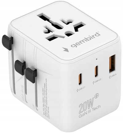 Përshtatës universal udhëtimi Gembird, 20W, 2x USB, USB C, i bardhë