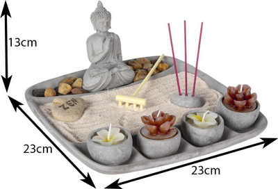 Set dekorativ kopsht zen Atmosphera, me figurë Buddhe, 23x23 cm, gri