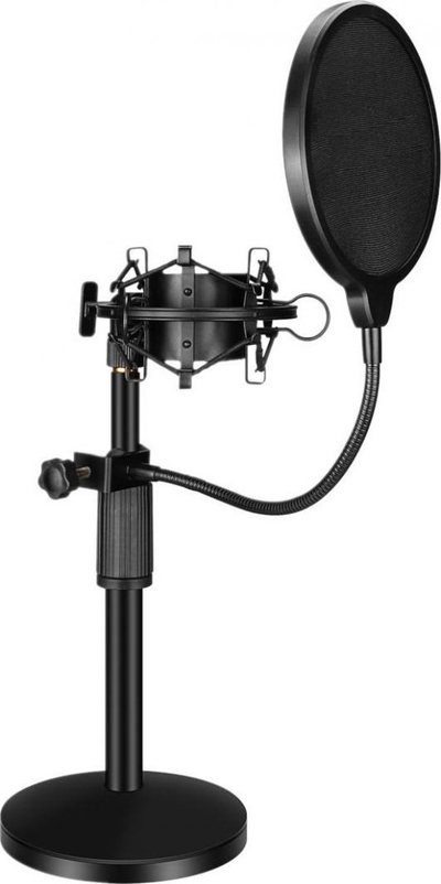 Set mikrofoni Mozos: Bazë për tavolinë, pop filter, rrjetë kundër dridhjeve (MCABLE-XLR-FTM), e zezë