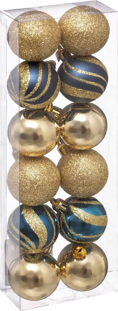 Toptha për zbukurimin e pemës së Krishtlindjeve, set me 12 copë, diametër 4 cm, blu me ari