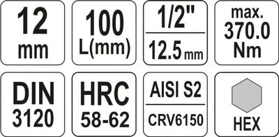 Bit çelës gjashtëkëndor Yato YT-04396, 1/2", H12, 100mm