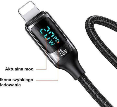 Kabllo karikimi USB C në Lightning Usams U78, 1.2m, 20W, me ekran LED, e zezë