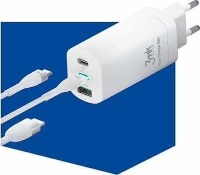 Karikues muri 3MK Hyper Charger, 65W, 1x USB A 2x USB C, i bardhë