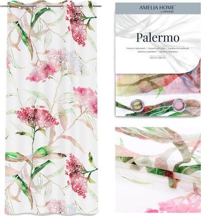 Perde zbukuruese Amelia Home Palermo, 140x250 cm, me unaza, me lule, e bardhë