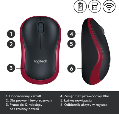 Maus Logitech M185, wireless, USB, i zi dhe i kuq