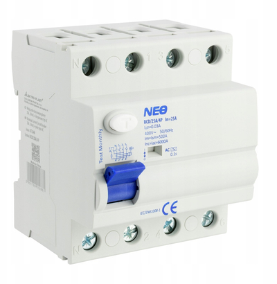 Ndërprerës diferencial NEO RCD 25A/4P, 30mA, tip AC, i bardhë