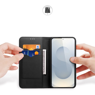 Калено за телефон Dux Ducis Samsung Galaxy S25 Edge, со портфељ, RFID заштита, црно