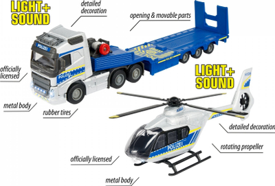 Set lodrash policie Majorette Volvo Truck edhe Airbus Helicopter, me drita edhe zhurma, 3 vjeç e lart, shumëngjyrëshe
