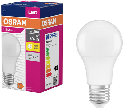 Llambë LED Osram Classic A 8W, 2700K, E27, e bardhë e mat