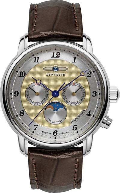 Orë dore burrash Zeppelin Friedrichshafen 85365, mekanizëm me quartz, rrip lëkure, ngjyrë ari me kafe