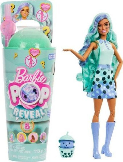 Kukull Barbie Mattel Pop Reveal Bubble Tea Green Tea, kukull surprizë, me slime dhe aksesorë, ngjyrë mente