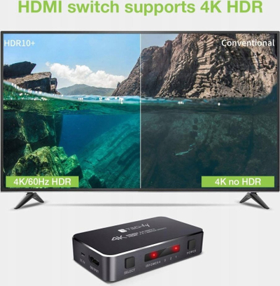 Ndërprerës HDMI 4K 60Hz HDR, 3 porta, me telekomandë, i zi