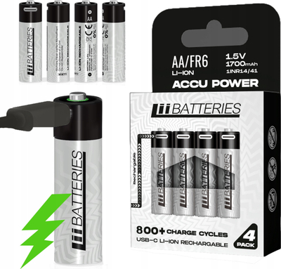 Bateri të rikarikueshme LiiBatteries AA, Lithium ion, USB C, set 4 copë