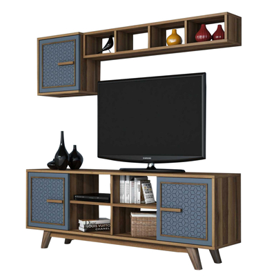 Set TV Lewisville, për TV deri 60", me rafte dhe dollapë, arre dhe blu