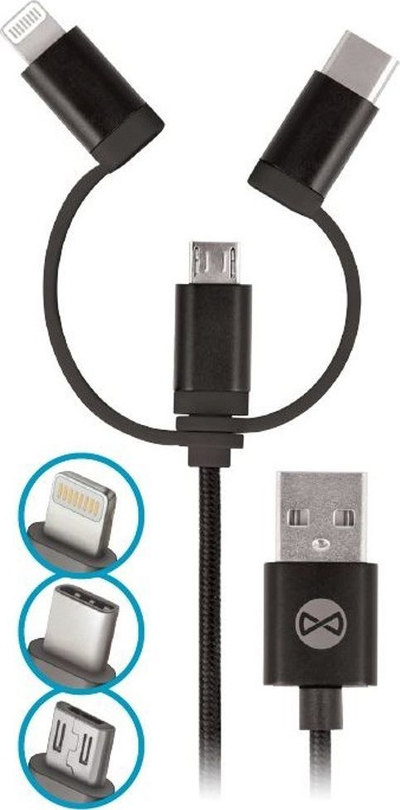 Kabllo USB Forever T_01626, USB A në Lightning 1 m, 3 në 1, e zezë