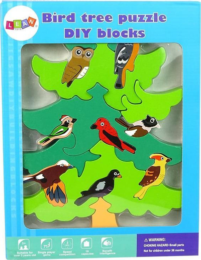 Puzzle druri LeanToys Wooden Tree Forest Birds, puzzle 3D, shumëngjyrësh