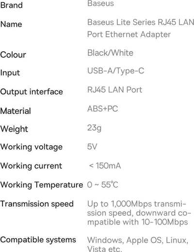 Adapter rrjeti Baseus Lite Series, USB C në RJ45, 1000Mb/s, i zi