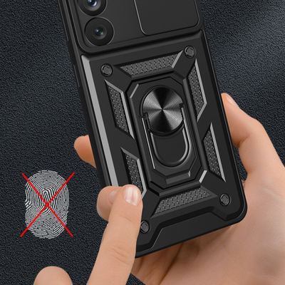 Maskë mbrojtëse Hybrid Armor për Samsung Galaxy S23 Ultra, me kapak kamere, me unazë magnetike, e zezë
