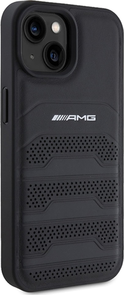 Këllëf telefoni AMG Leather Debossed Lines për iPhone 15 6.1", hardcase me lëkurë, i zi