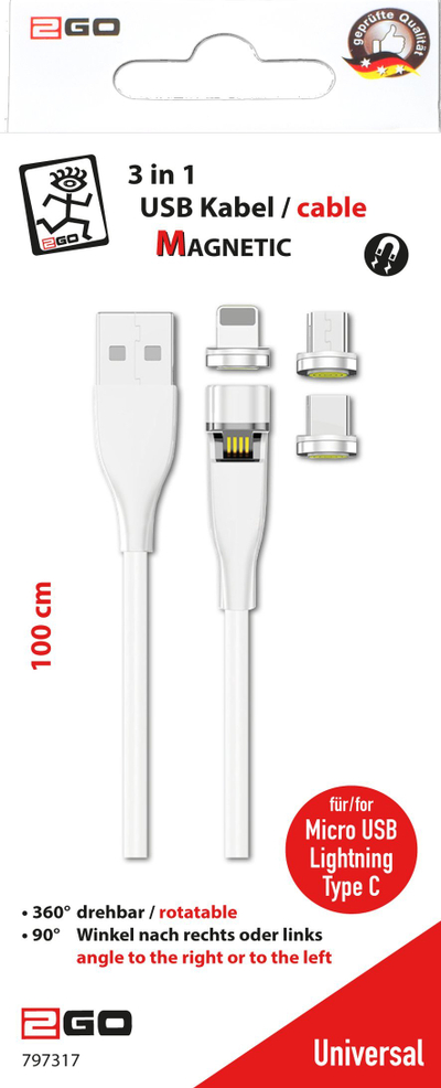 Kabllo USB 2GO 797317, USB A në USB C micro USB Lightning, 1m, e bardhë