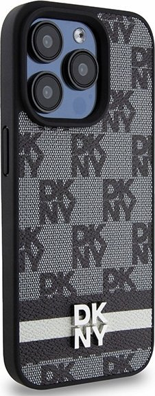 Маса за телефон DKNY, за iPhone 15 Pro, ПУ кожа со дизајн квадрати, црна
