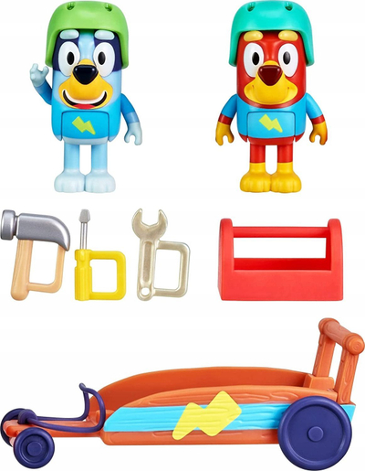 Set lodrash Bluey Rusty dhe Bluey Go Kart, 2 kukulla 2.5–3\", me gjëra shtesë, me gjithë ngjyra