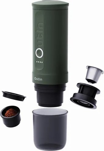 Aparat portativ espresso OutIn Nano 3 Cup, elektrik, për kafe të bluar dhe kapsula, jeshile Forest Green