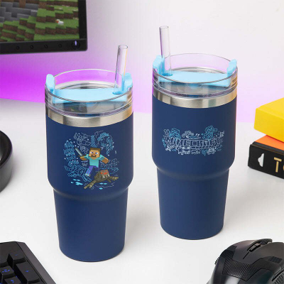Gotë udhëtimi Paladone Minecraft Steve, me kashtë, 600 ml, blu