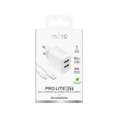 Ѕиден полнач Puro Pro Lite, 10W, 2x USB A, бел