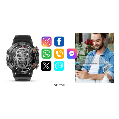 Orë e zgjuar Veltori VT120-1, ekran 1.39", IP68, rrip silikoni i zi