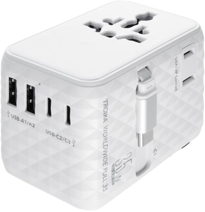 Adapter udhëtimi Troika Worldwide Pull 35, universal, me dalje USB, i bardhë