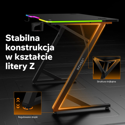 Tavolinë gaming SENSE7 VOLT RGB, 140x70 cm, ndriçim RGB, e zezë