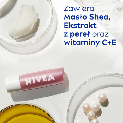 Балсам за усни Nivea Pearly Shine, хидратантен, ефект бисер, розов