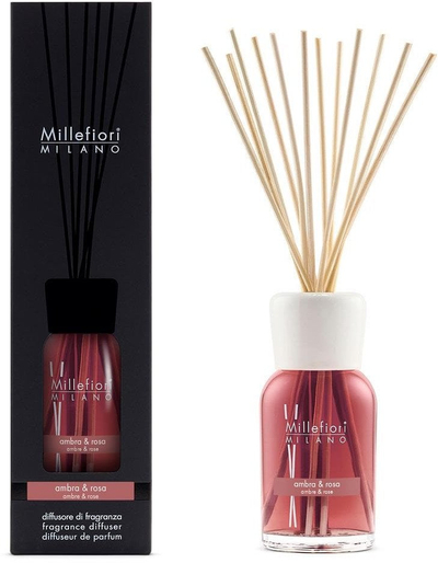 Difuzer arome Millefiori Milano Amber &amp; Rose, 500ml, me shkopinj, shishe transparente