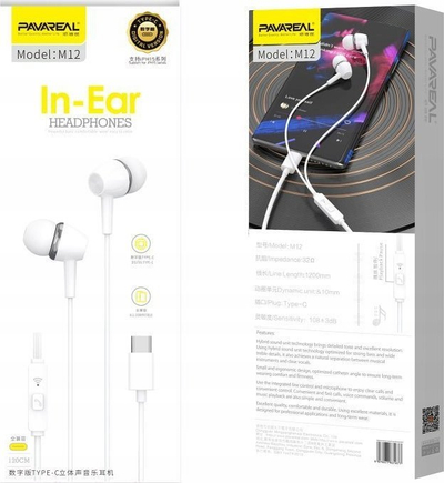 Kufje in-ear Pavareal M12, me mikrofon, USB-C, të bardha