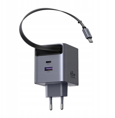 Karikues GaN UGREEN 65W me kabllo tërheqëse, USB C, i zi